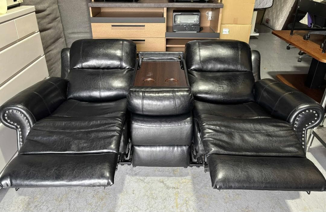 おしゃれ 電動リクライニングソファ3人掛けレザーソファ幅190cmUsed/美品