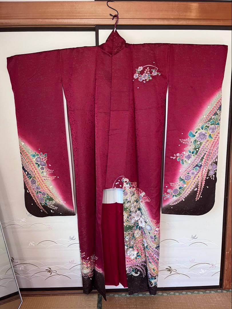 【正絹 振袖】美品✨ えんじ系　花柄　金彩
