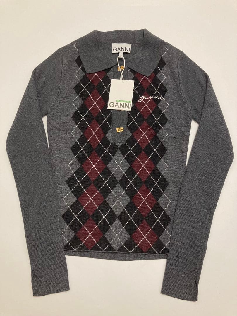 GANNI アーガイル柄長袖ポロシャツ