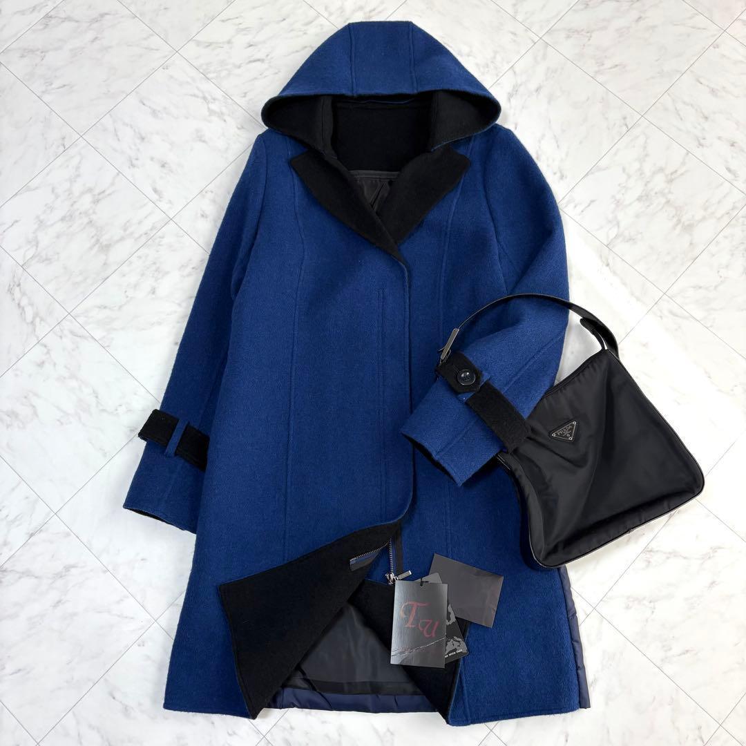 【Tu】ロングコート　ウール　ダウン　異素材切替　ドロスト　フード　新品　青　黒
