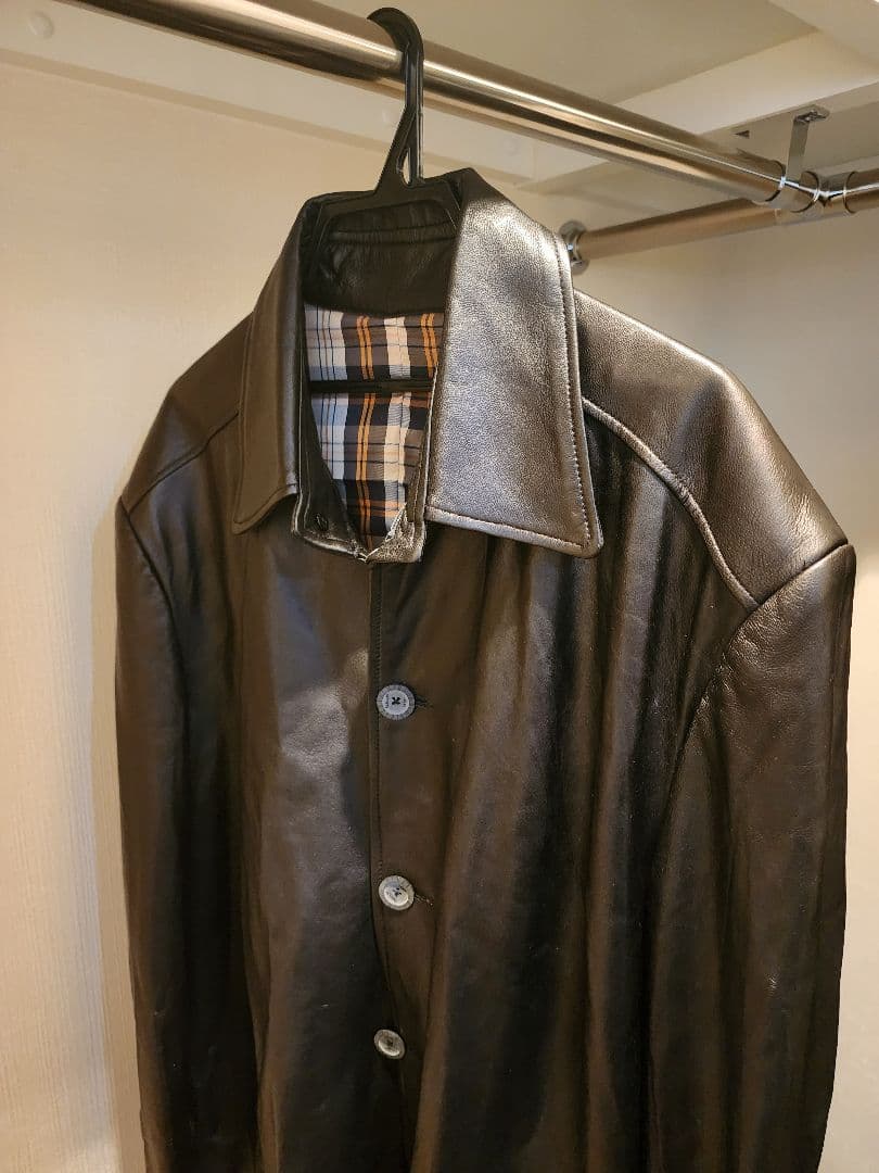羊皮レザー ロングコート 黒 チェック裏地　鎌倉倶楽部　3XL