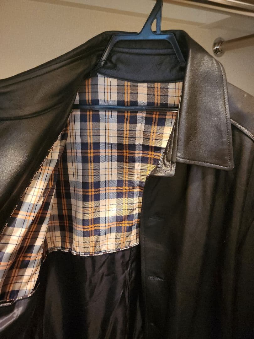 羊皮レザー ロングコート 黒 チェック裏地　鎌倉倶楽部　3XL