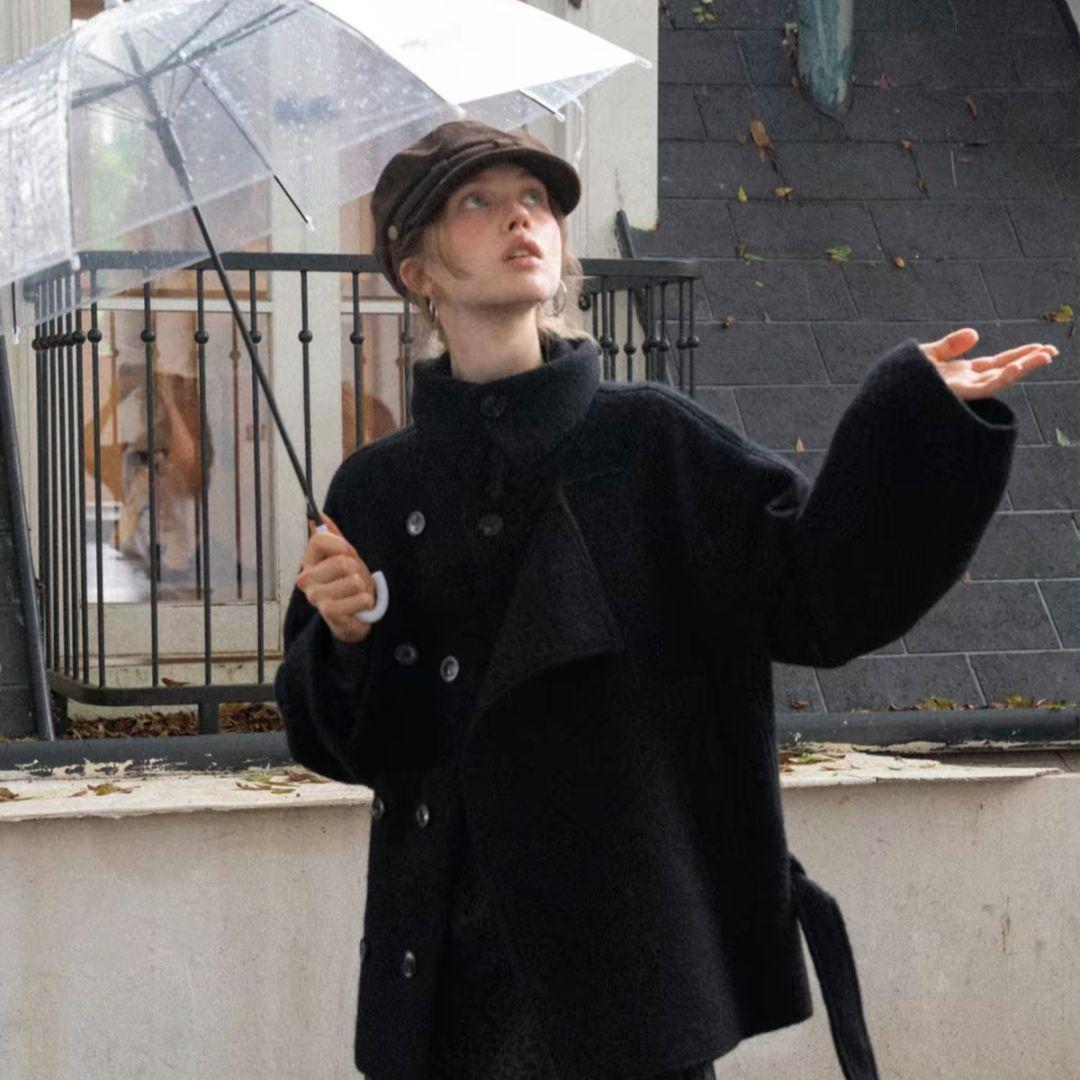 EGGKA レディース カジュアル ウールブレンド ショートコート ブラック