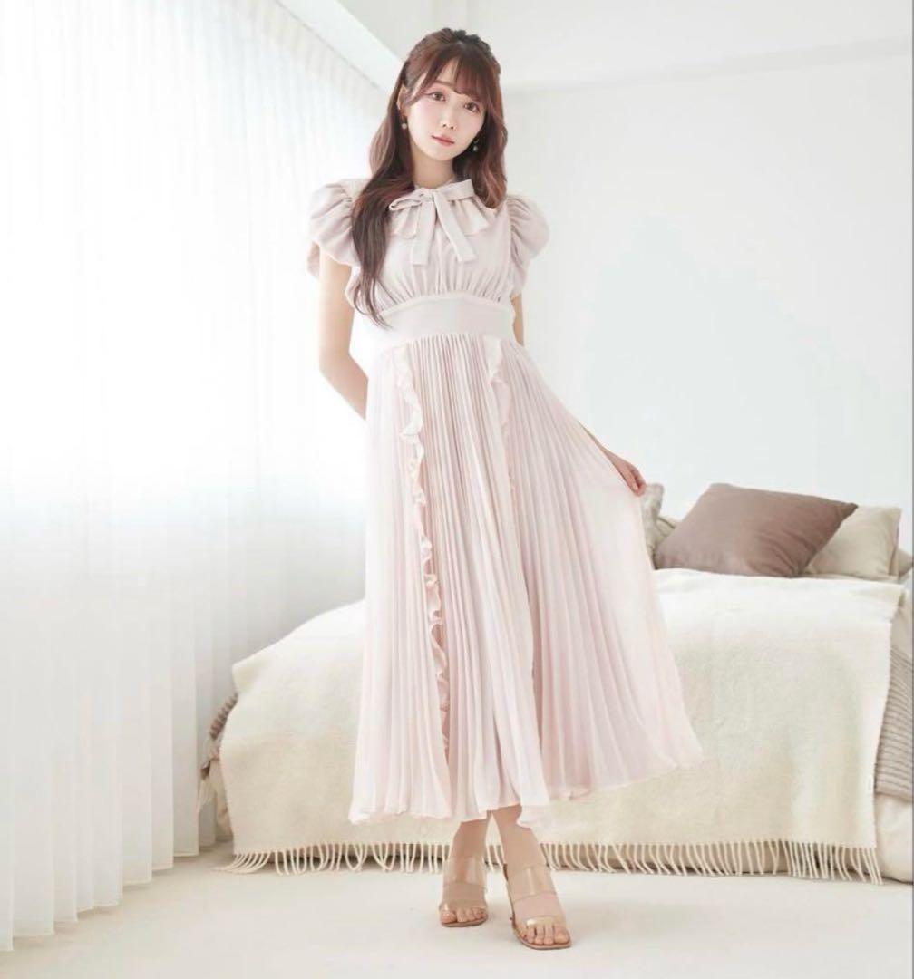 ワンピース Rose Muse chiffon pleated dress pink