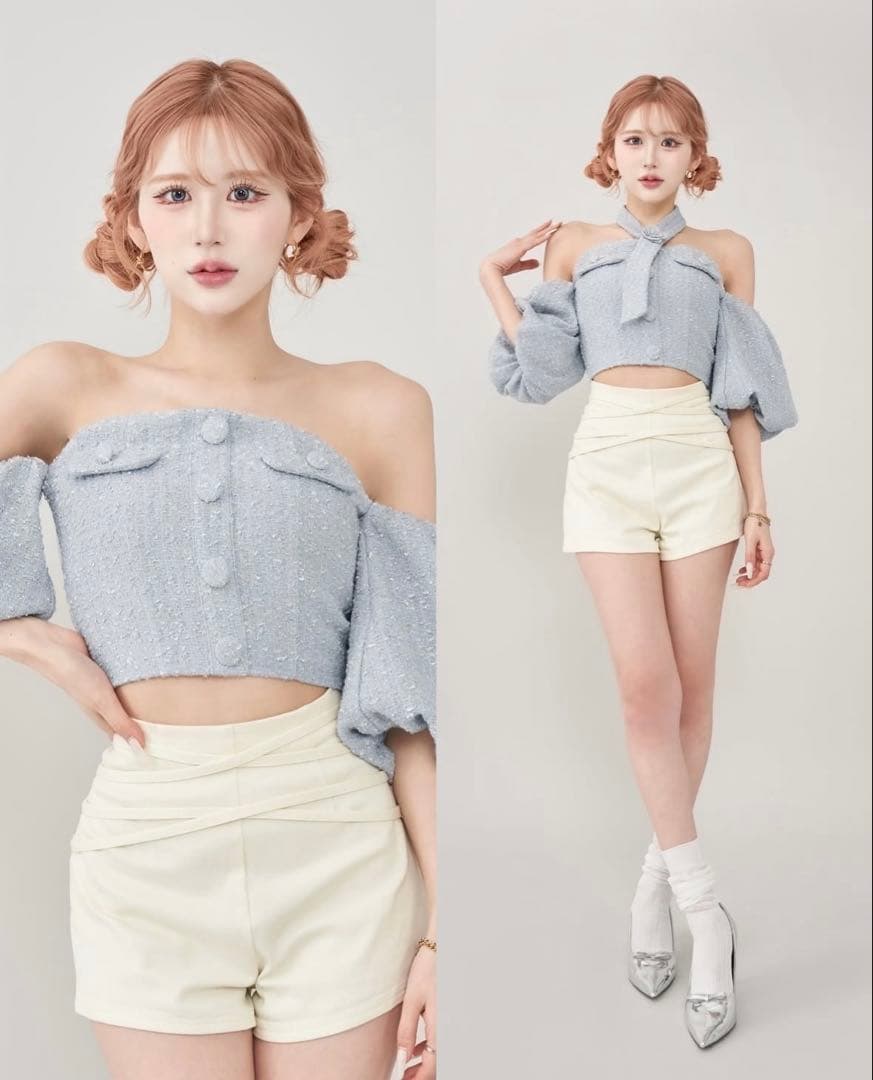 darich ホルターネックオフショルツイードトップス　SAX ダーリッチ