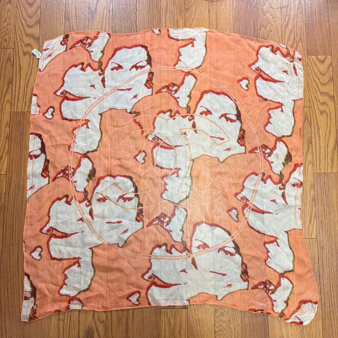 CHANEL シャネル 大判 スカーフ 83cm ココマーク 顔柄 オレンジ