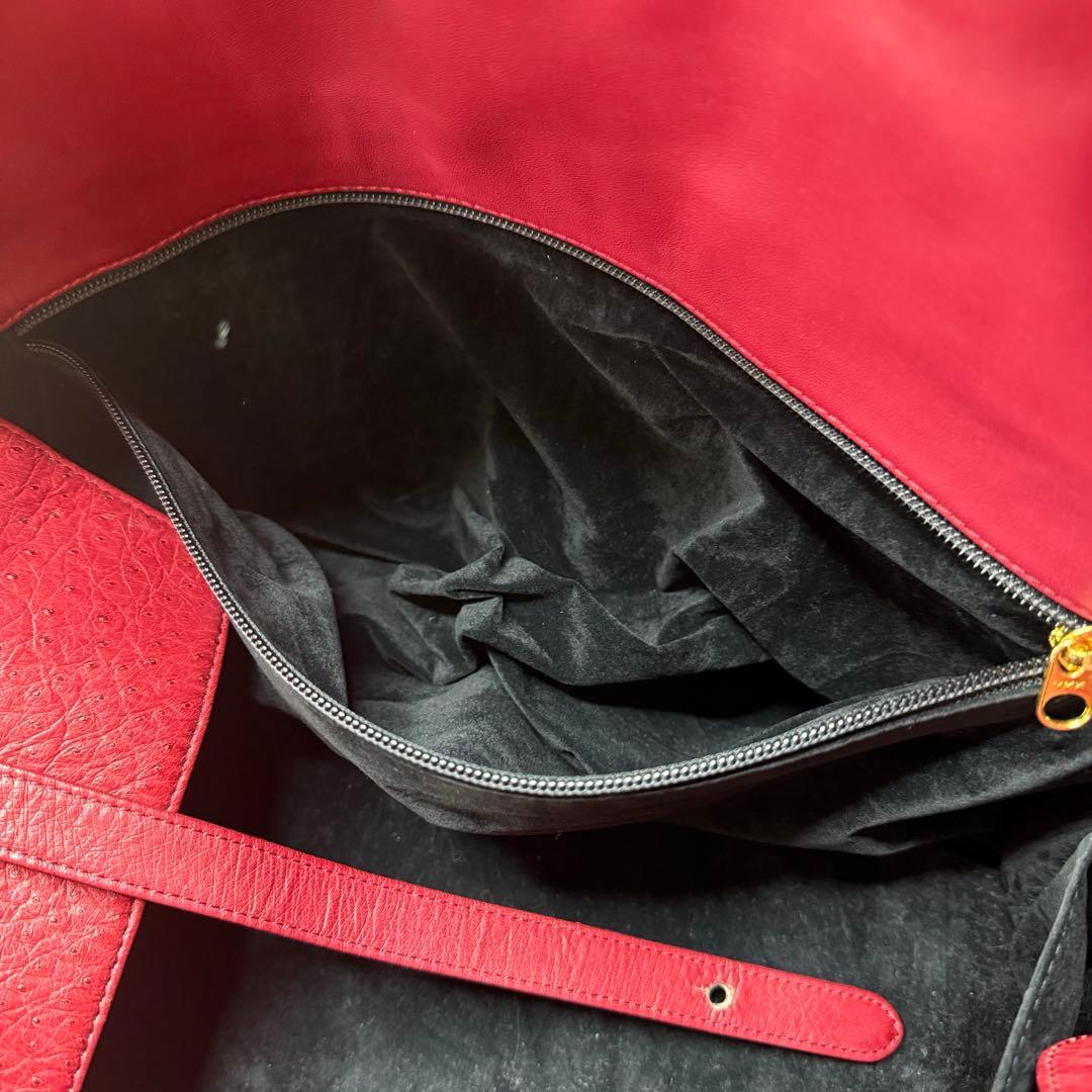 JRA認定★美品 鍵付き 大容量 オーストリッチボストンバッグ レッド