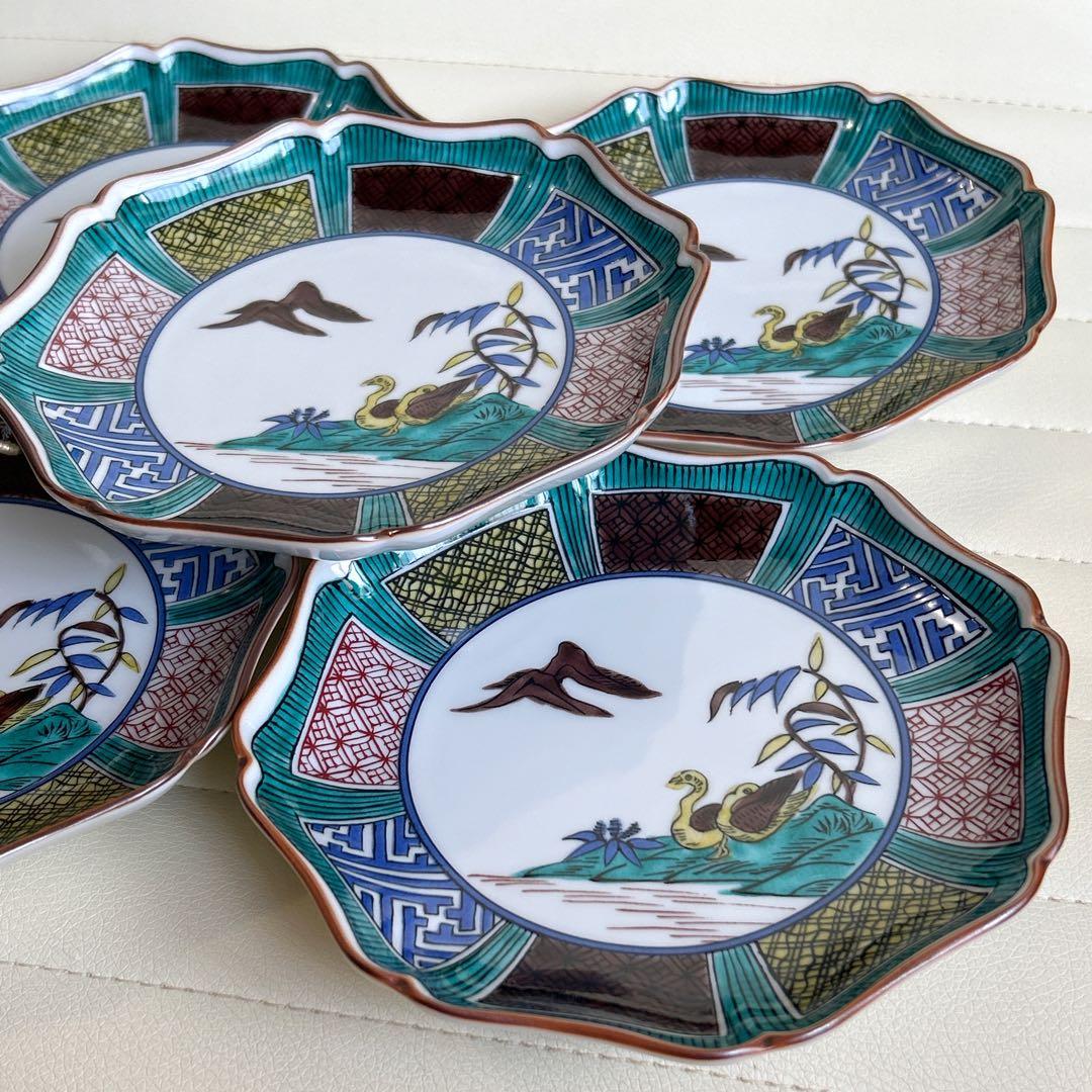 九谷焼　暁堂　八角皿揃　5枚セット　色絵　花鳥図　中皿　銘々皿　輪花皿　山水画