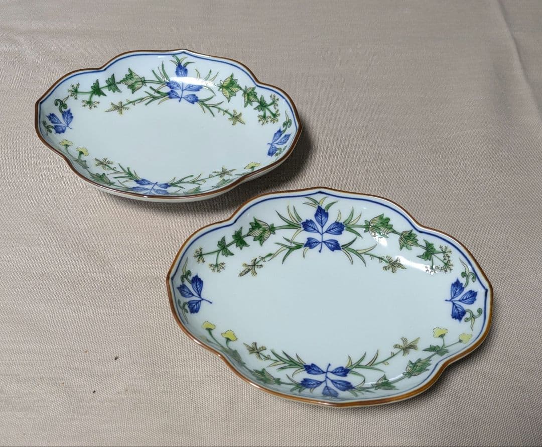 源右衛門 染錦秋草文 木瓜型 銘々皿2 枚セット