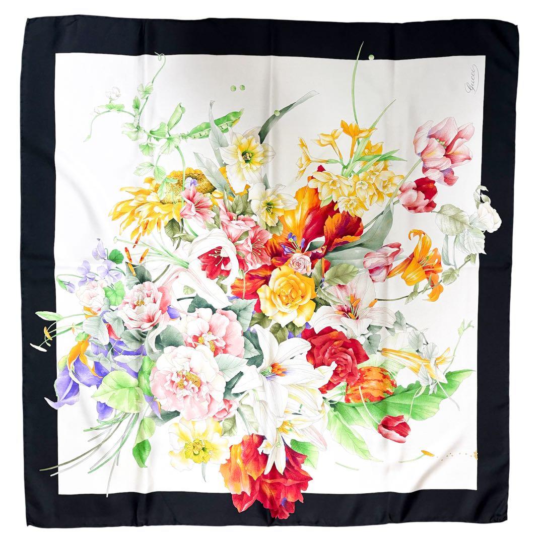 ♡美品♡ GUCCI グッチ スカーフ シルク100% 花柄 大判 ブラック