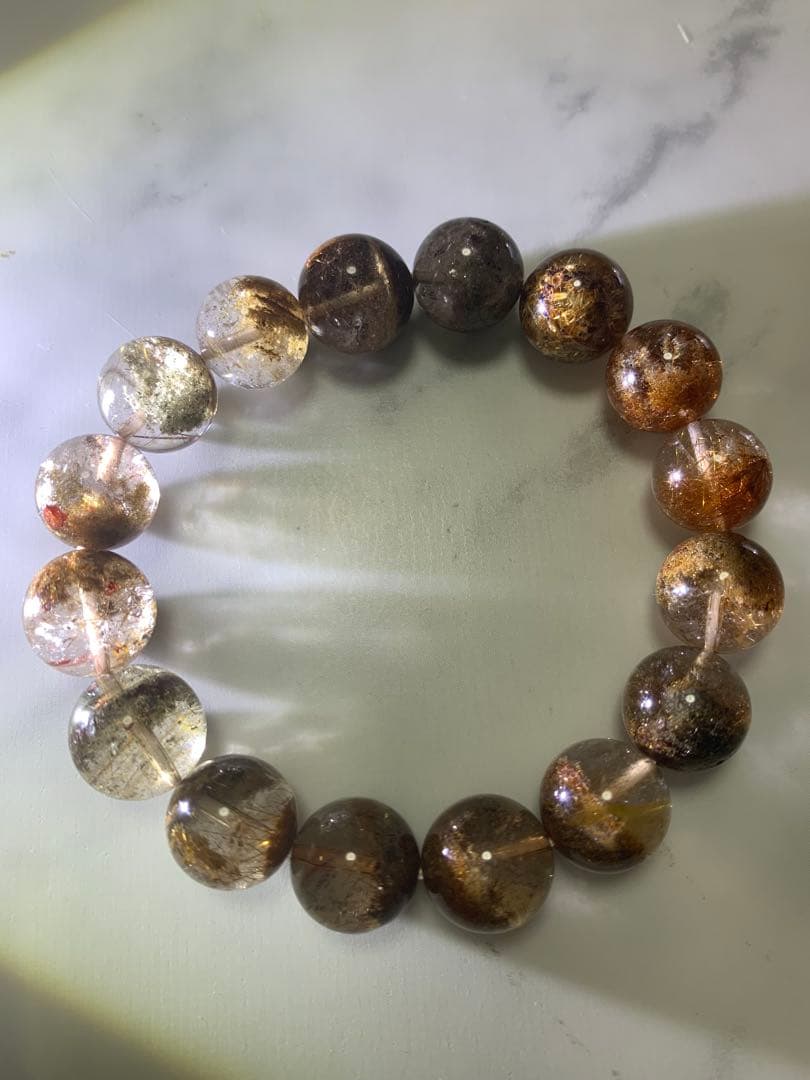 ガーデンとルチル共生のビーズブレスレット　13ミリ　内径17