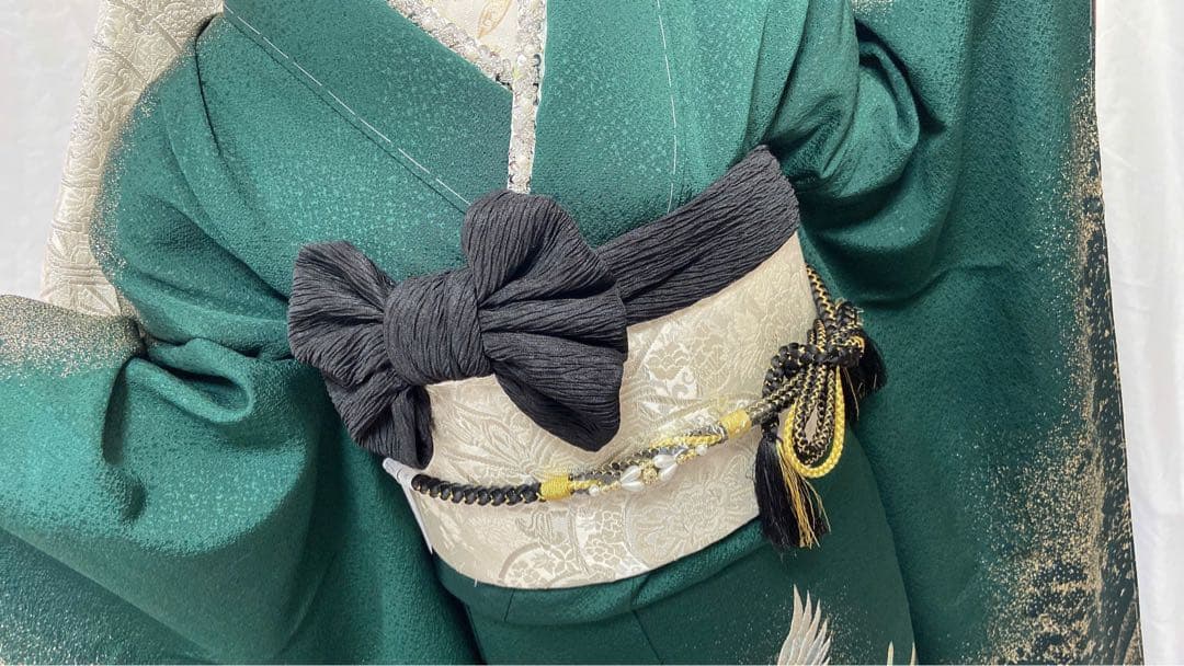 深緑色 振袖 鳥の刺繍 振袖6点セット　成人式　 振袖フルセット