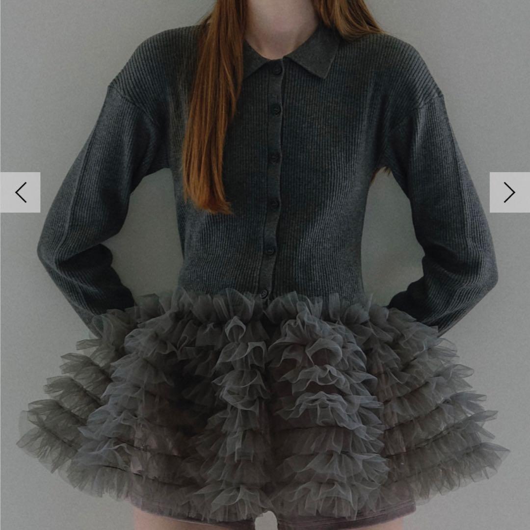 トップス tulle peplum polo knit cardigan gray