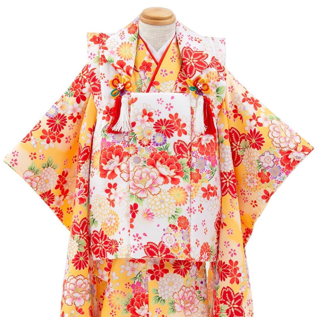 ひな祭り　七五三　3才　女の子 被布セット 黄/白 芍薬と菊 3才