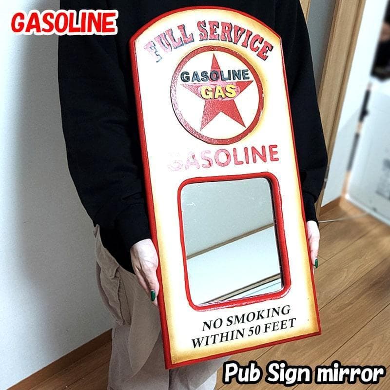 鏡 アンティーク 木製 ガソリン 壁掛け ウォールミラー GASOLINE 新品