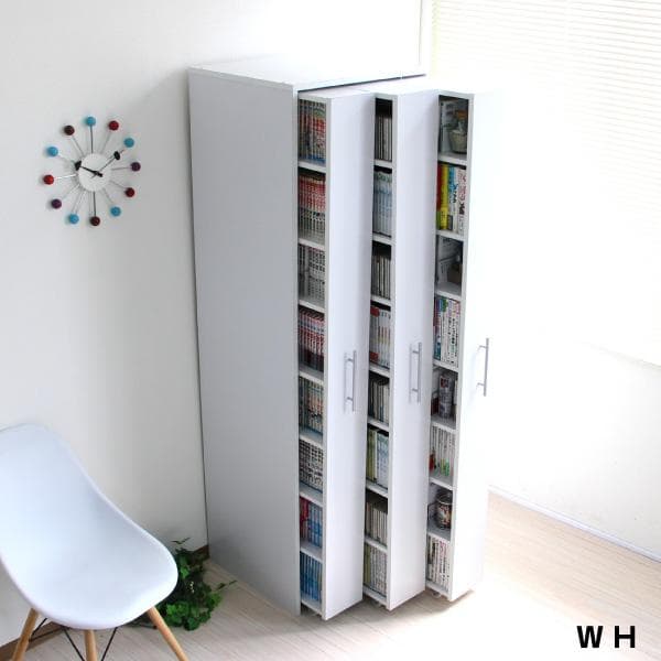 【新品・送料無料】3連 スリムラック ハイタイプ　本棚 薄型 スライド ホワイト