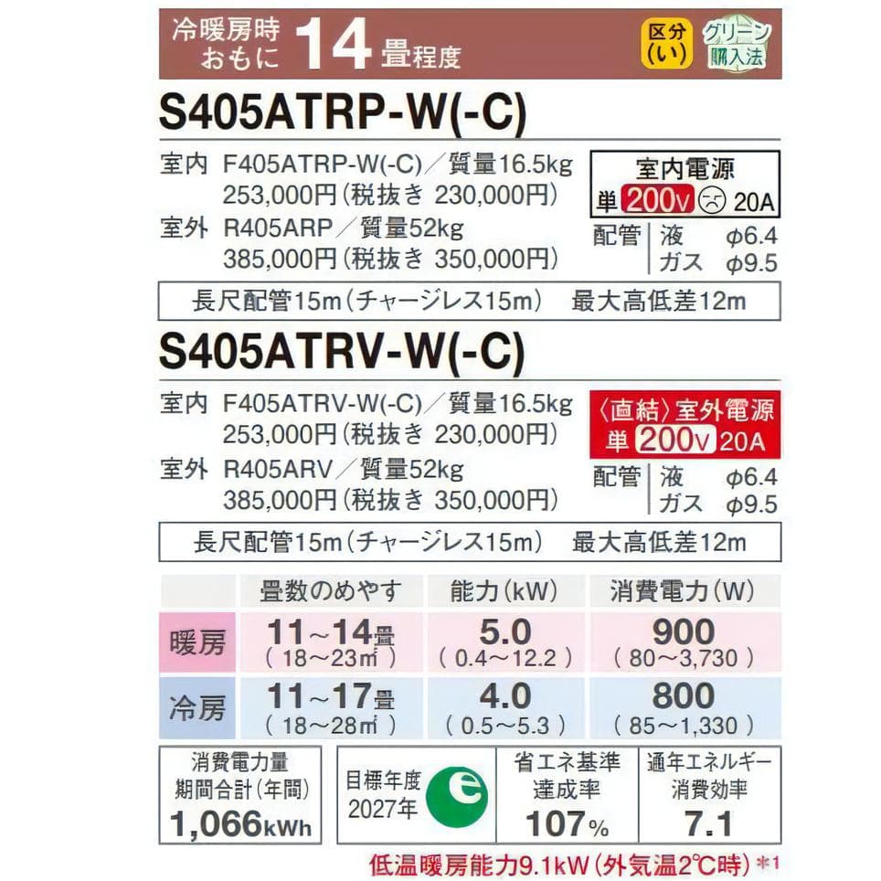 ◎未使用品 ダイキン うるさらX エアコン S405ATRP-W②主に12畳用