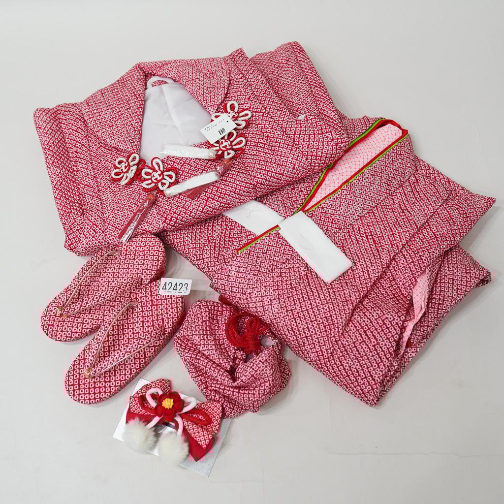 七五三 三歳 女児 正絹 総絞り 被布着物フルセット 赤色 お仕立て無料