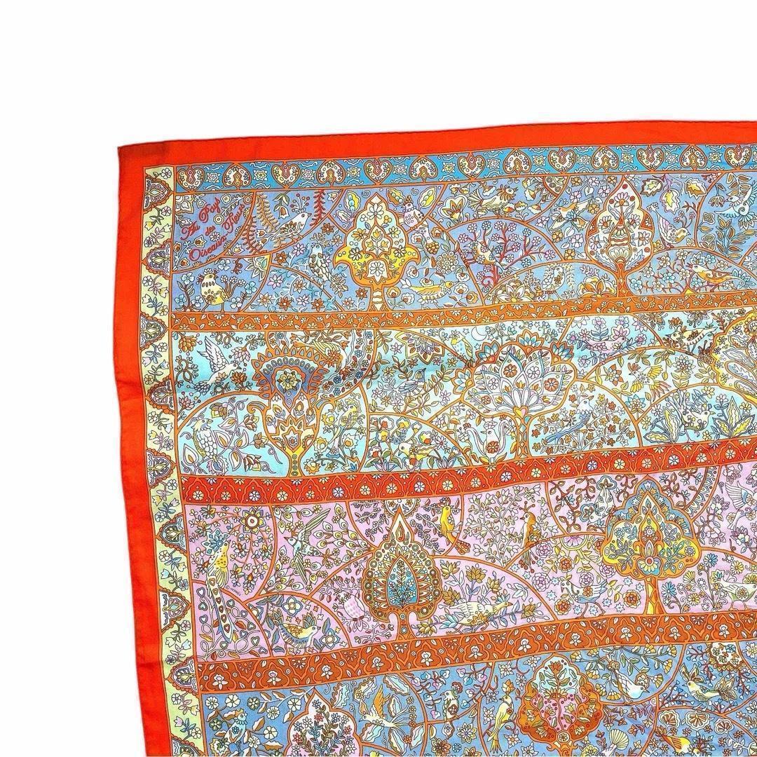 美品 エルメス カレジェアン ストール カシミヤ シルク 花咲く鳥たちの国で 橙
