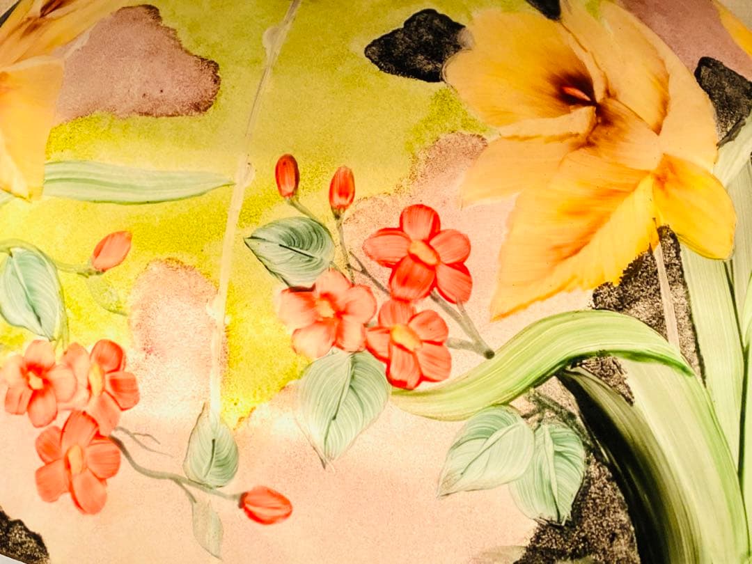 【 美品 】高さ58㎝ ティファニー風 葉・花柄 大型ガラスシェードランプ