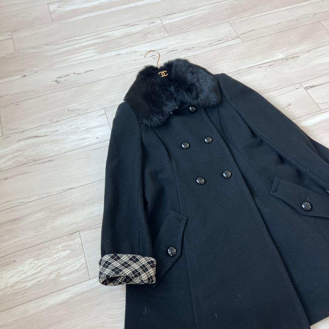 バーバリーブルーレーベル　ロングコート　ダブル　チェック　ラビット　2way