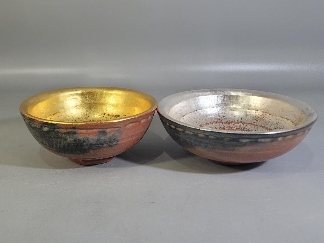 茶道具 嶋台茶碗 赤楽 金銀 一対 共箱 DT746