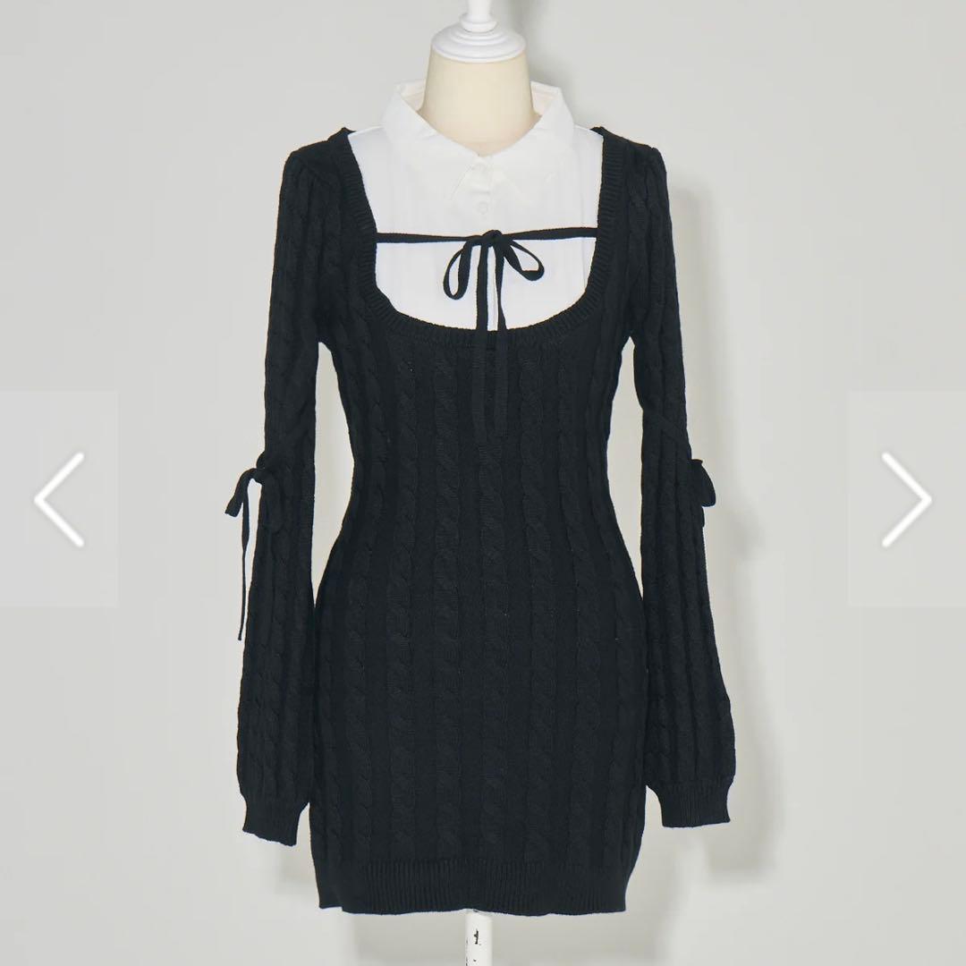 pium レイヤードケーブルニットワンピース ブラックxホワイト