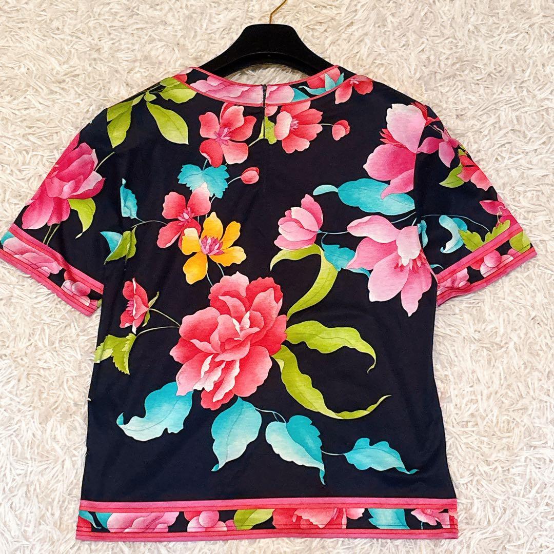 未使用級✨レオナール 半袖 ブラウス カットソー トリム 花柄 レディース