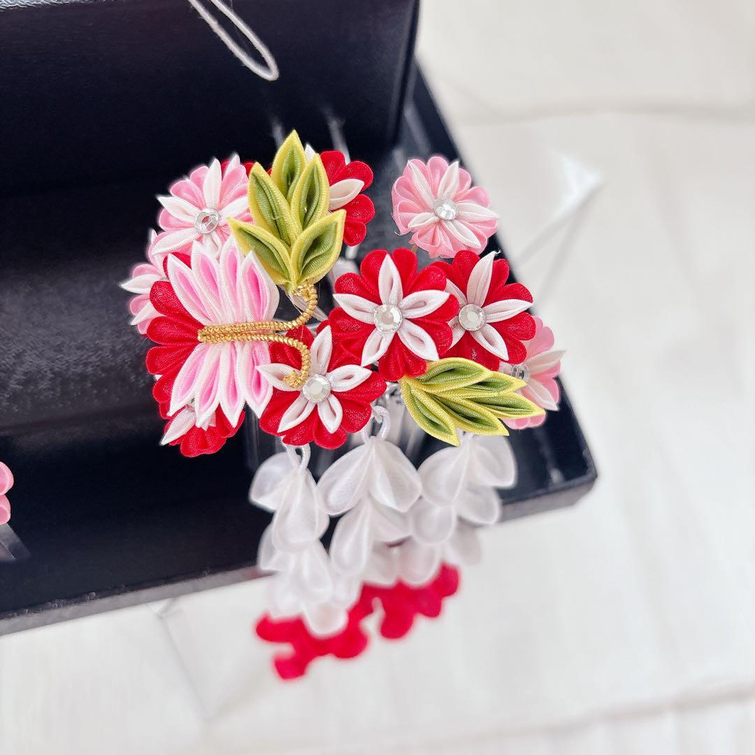 七五三　赤　ピンク　勝山かんざし　髪飾り　簪　かのこ　ちんころ　日本髪　７歳