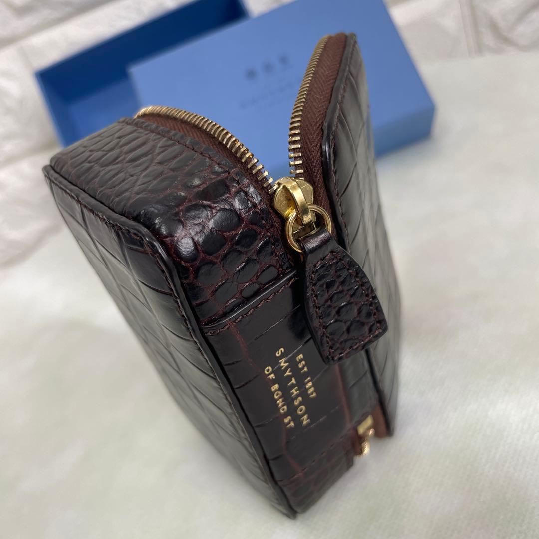 SMYTHSON/スマイソン、小物入れ、ジュエリーケース、型押し、ダークブラウン