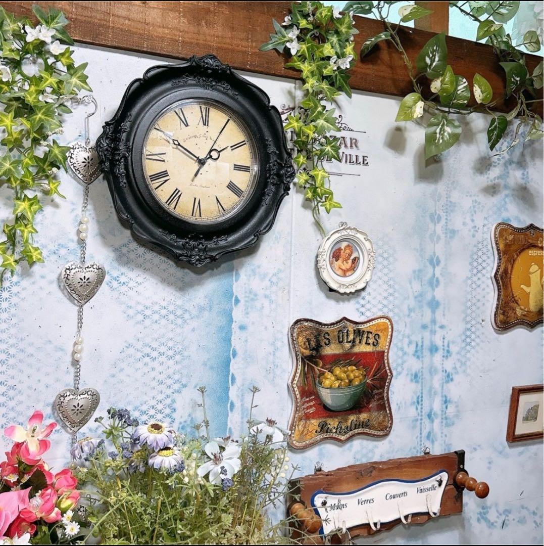 アンティーク雑貨 ロココ調 ウォールクロック（ブラック②） 壁掛け時計
