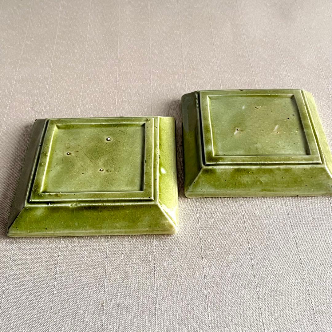★アンティーク　希少品 ★交趾焼　網目角皿　萌葱色 2枚