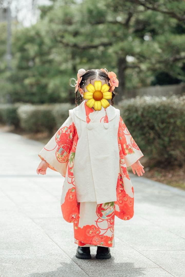 七五三 3歳 着物 被布 オレンジ 白