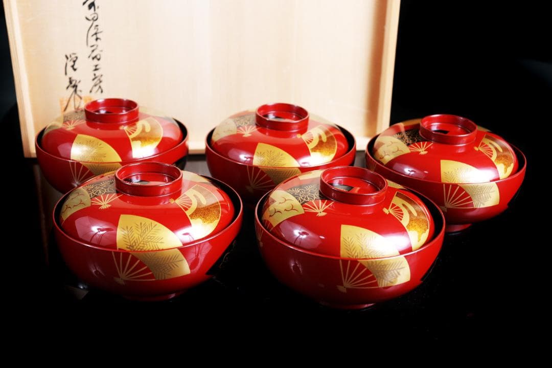 輪島塗 朱扇金蒔絵 煮物椀 五客 共箱 前田定治郎