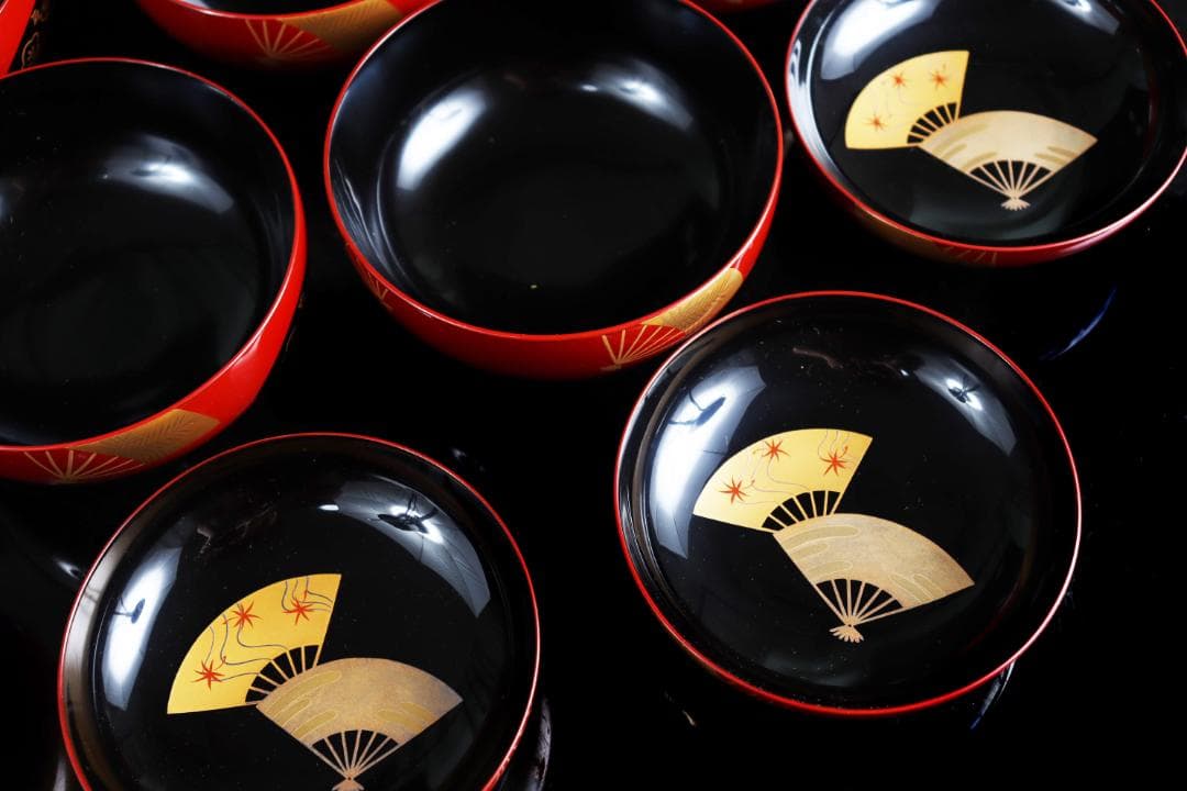 輪島塗 朱扇金蒔絵 煮物椀 五客 共箱 前田定治郎