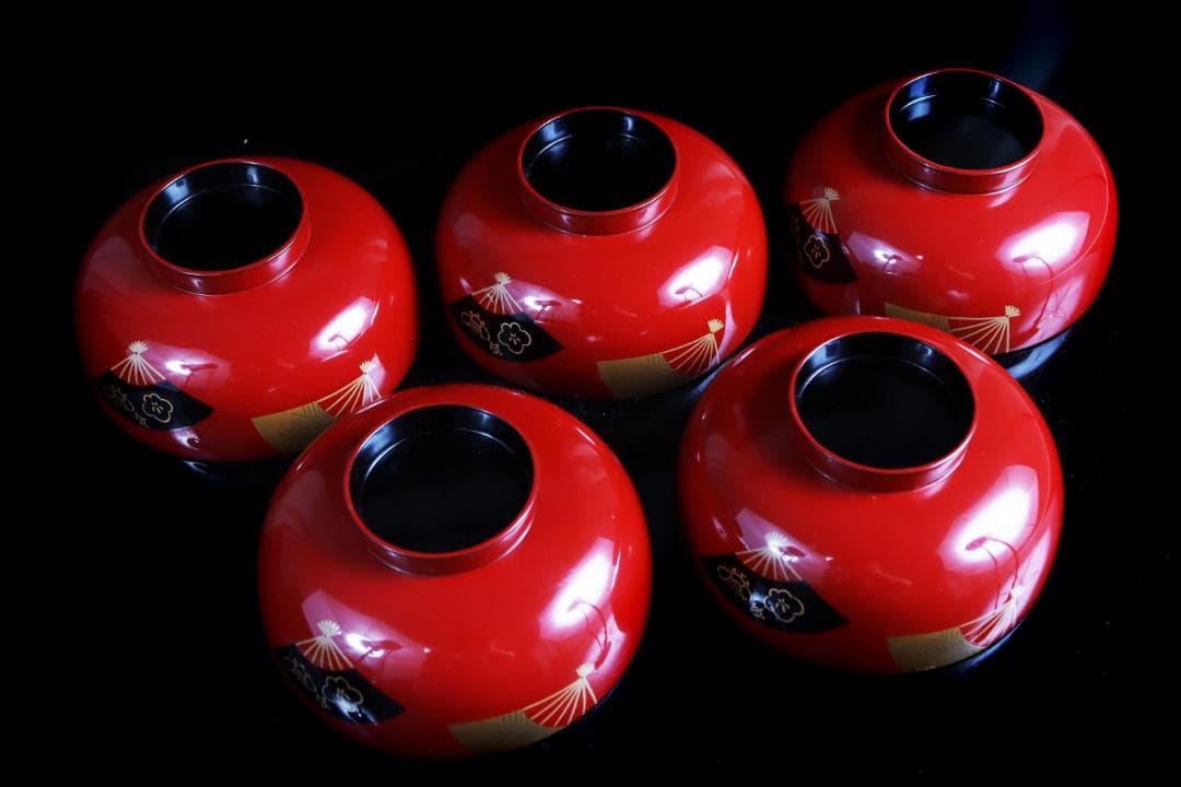 輪島塗 朱扇金蒔絵 煮物椀 五客 共箱 前田定治郎