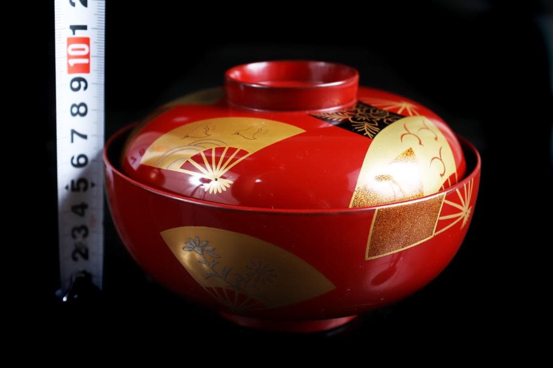 輪島塗 朱扇金蒔絵 煮物椀 五客 共箱 前田定治郎