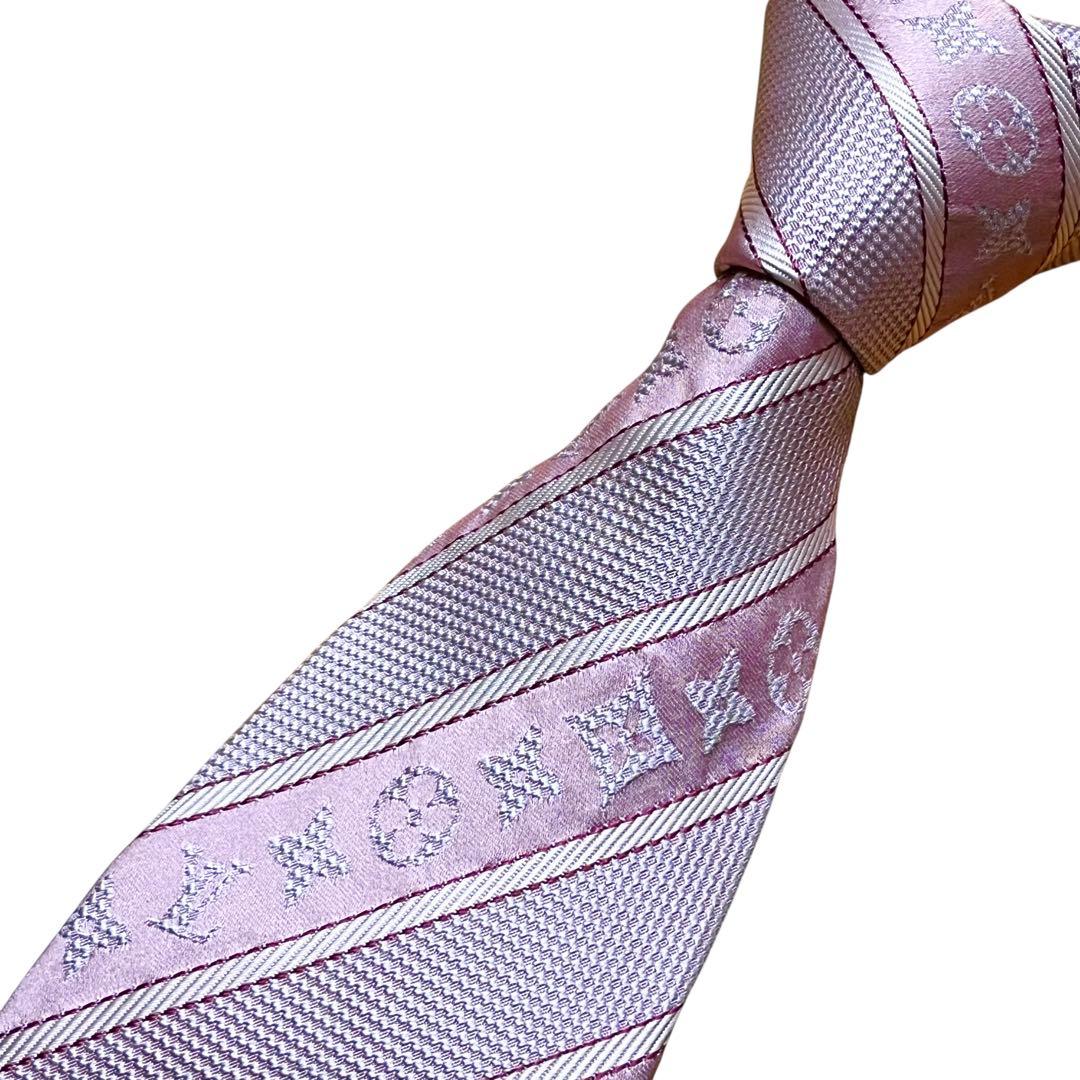 美品　ルイヴィトン　ネクタイ　モノグラム　ピンク　ロゴ　ジャガード　ストライプ