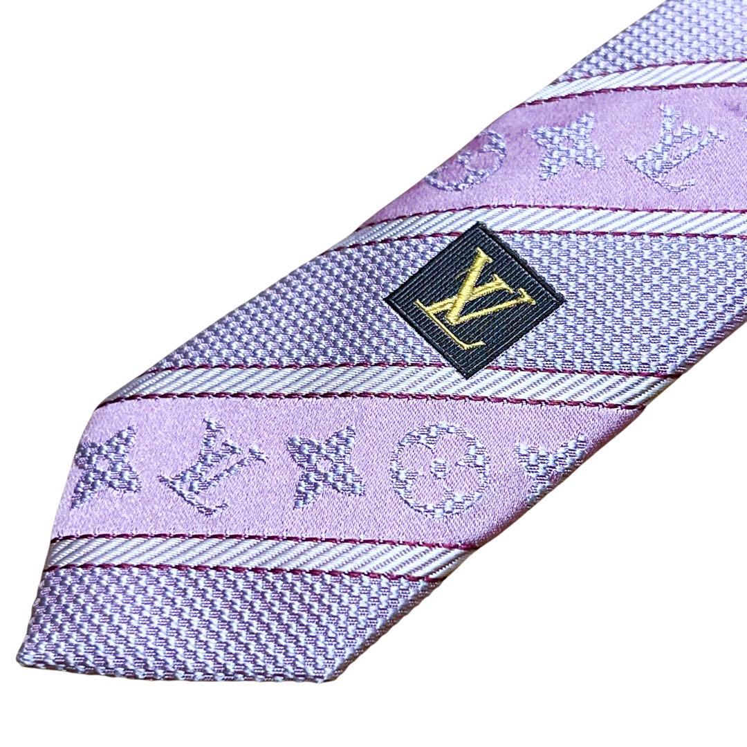 美品　ルイヴィトン　ネクタイ　モノグラム　ピンク　ロゴ　ジャガード　ストライプ