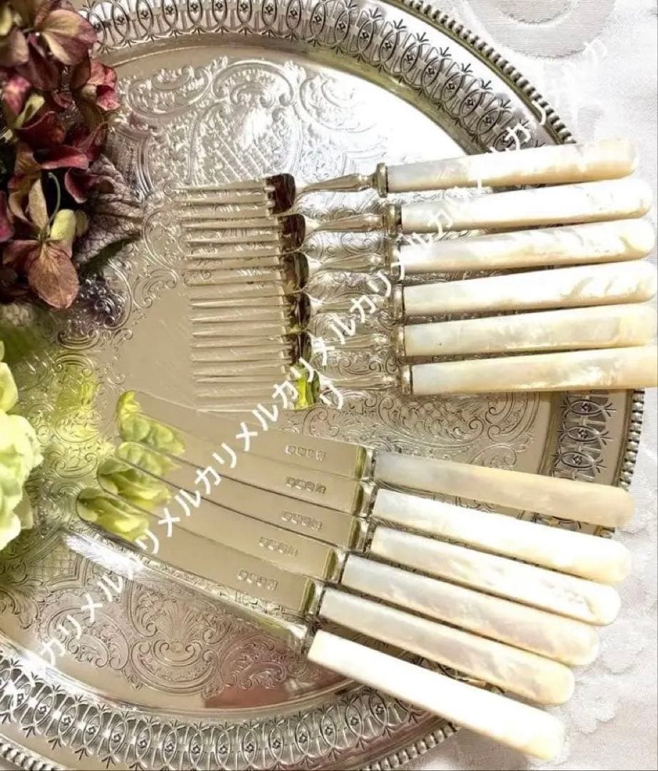 英国 純銀 白蝶貝 マザーオブパール デザート ナイフ＆フォーク セットジャンク