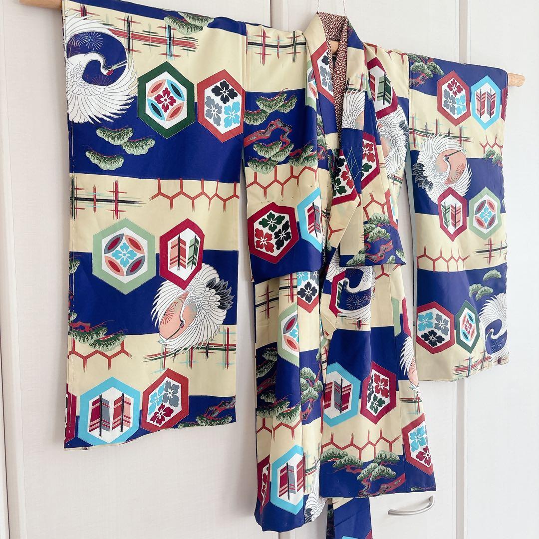 七五三　3歳　男の子　アンティーク　お着物　被布　セット　子供着物　青　鶴