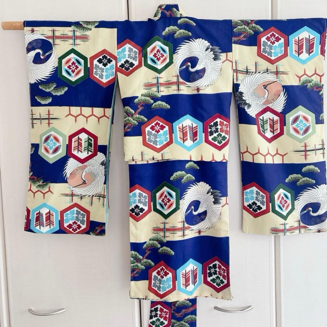 七五三　3歳　男の子　アンティーク　お着物　被布　セット　子供着物　青　鶴