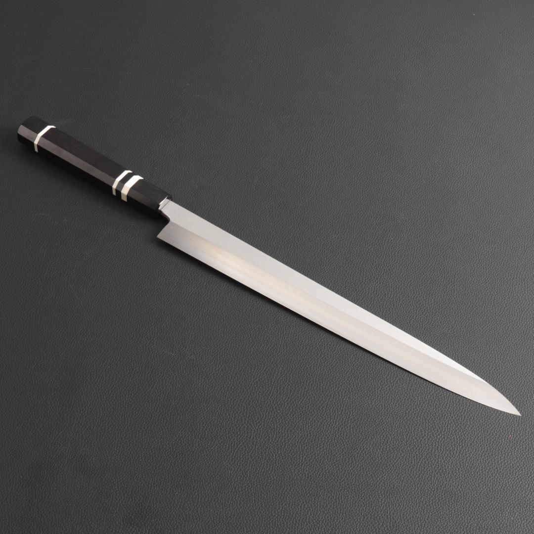 9797 柳刃包丁 尺寸 刺身包丁 刃は究極の切れ味 黒檀黒水牛角白三本巻八角柄