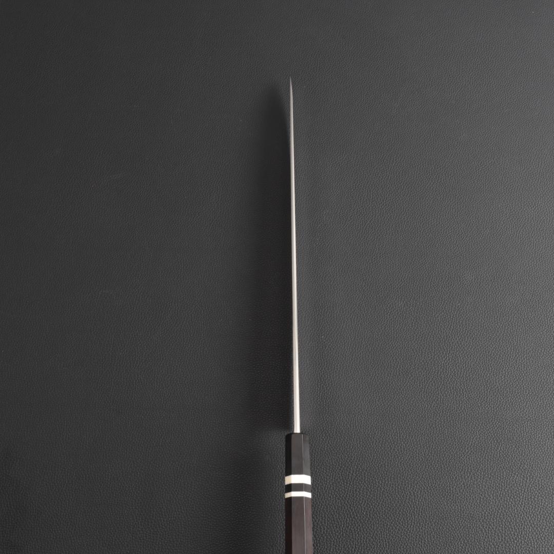 9797 柳刃包丁 尺寸 刺身包丁 刃は究極の切れ味 黒檀黒水牛角白三本巻八角柄