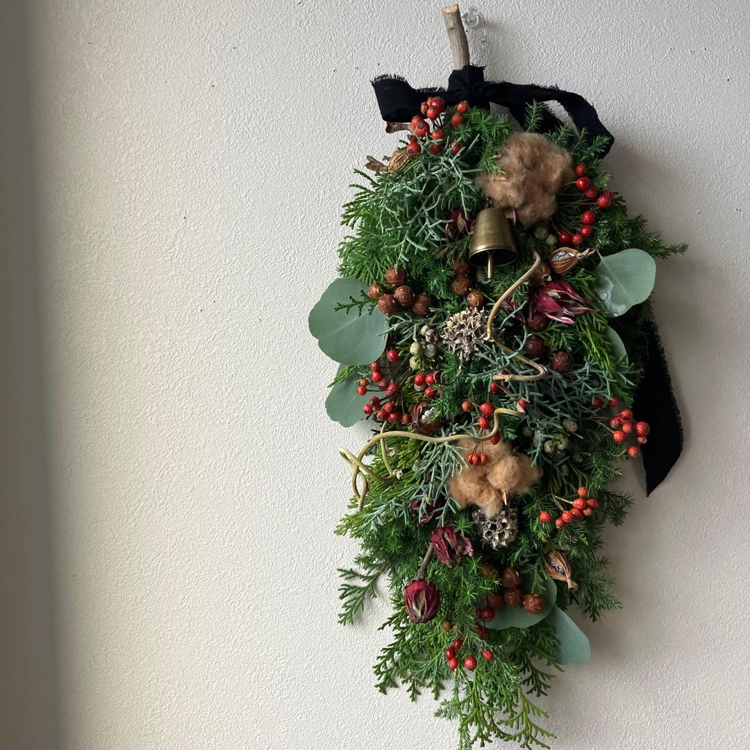 コットンと赤い実のクリスマススワッグガーランド　ローゼル　野バラの実