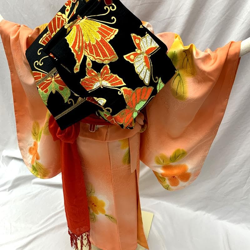 509ag1□七五三 七歳 女児 着物&袋帯 ぼかし花柄 地紋□美品