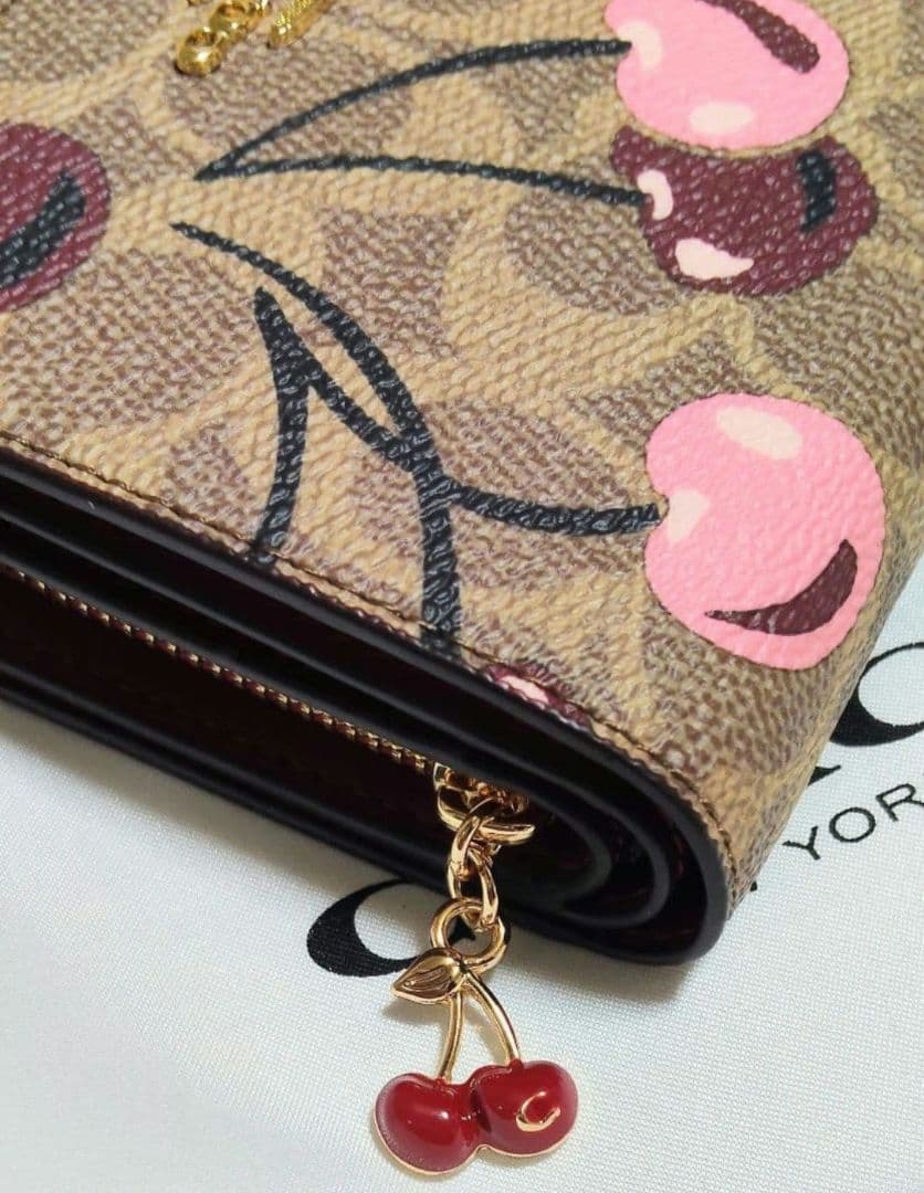 COACH チェリープリントシグネチャー スナップ二つ折り財布 ミニウォレット