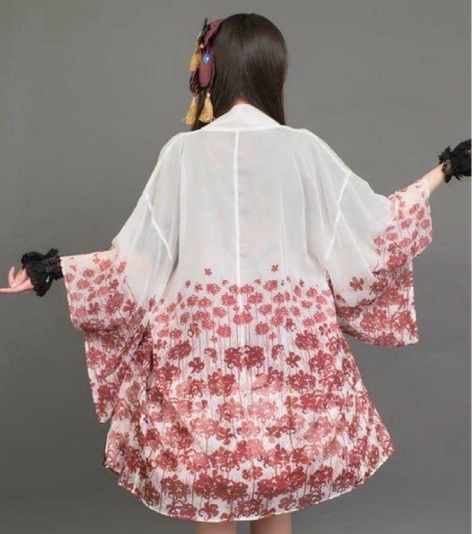 axes femme kawaii 彼岸の白狐会柄彼岸花柄シアー着物風羽織