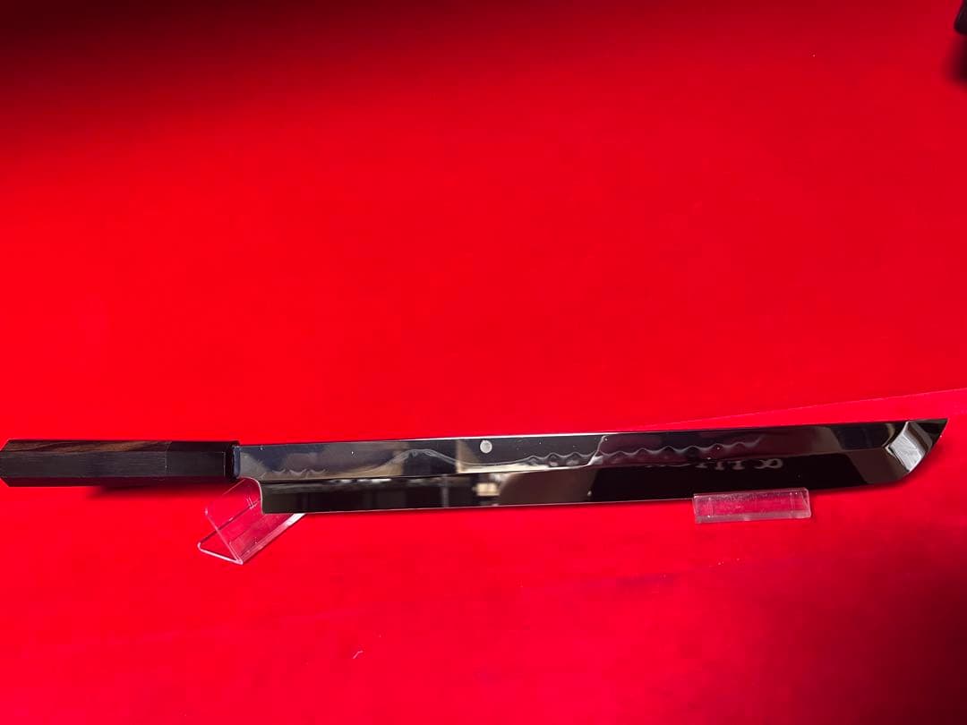 No.01420 包丁　先丸　水本焼　白鋼　富士山満月波紋　完全鏡面仕上げ　箱付