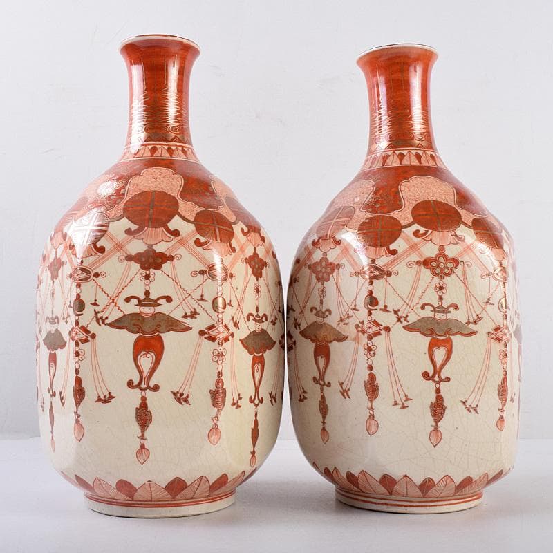 九谷焼　古九谷　赤絵金彩　瓔珞文　六角大徳利　一對　長壽箱付　G　R8975B